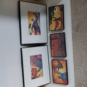 5 Vintage Superman Superhero framed art pieces black clear frame Loise Lane car